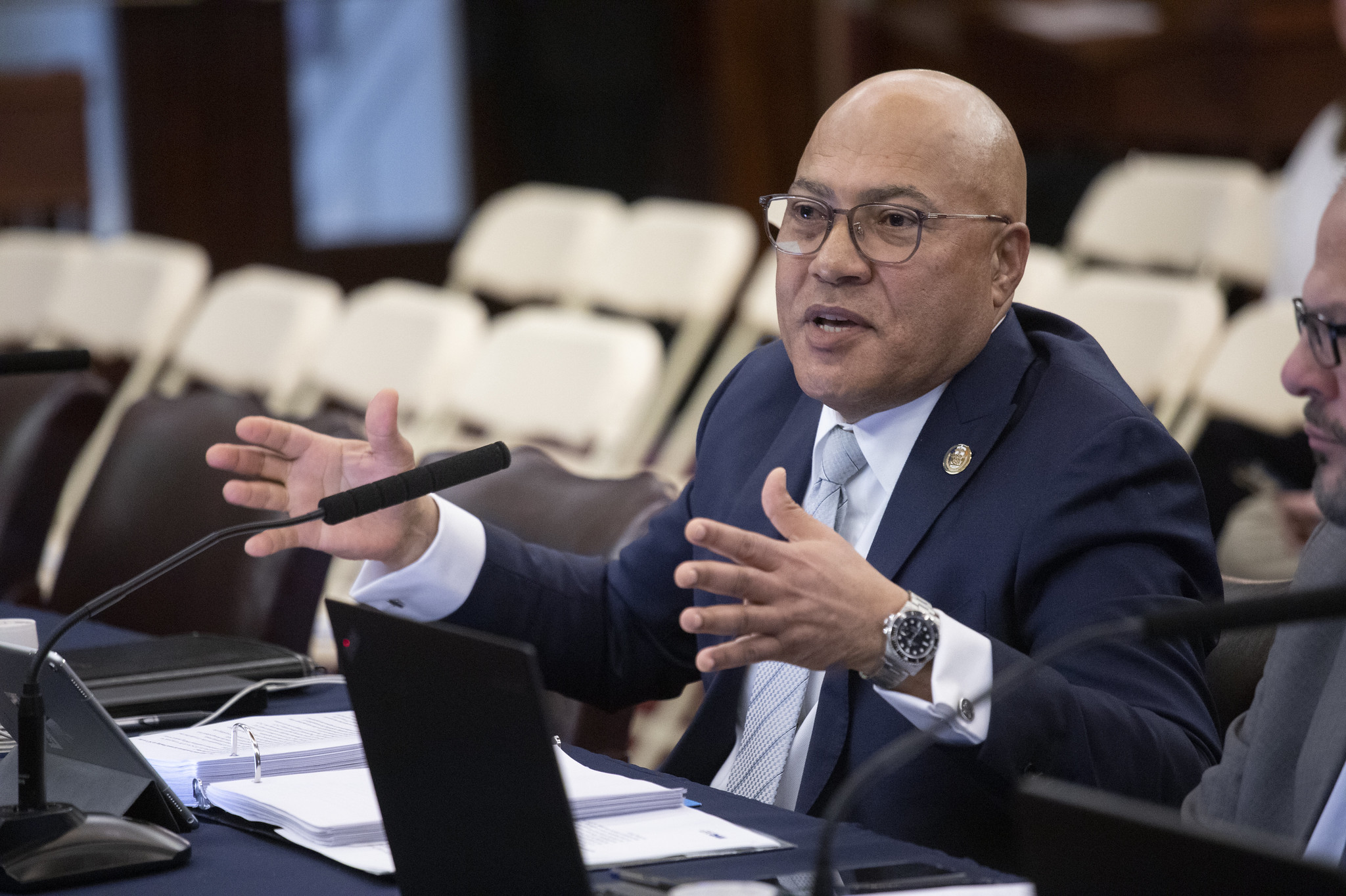 Jacques Jiha testifying at the City Council Budget hearing.