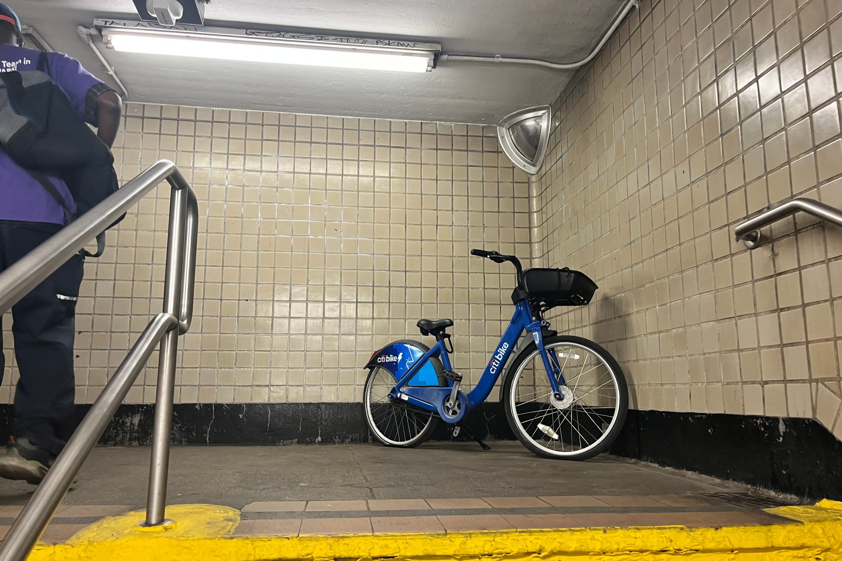 A lone Citi Bike in the subway.