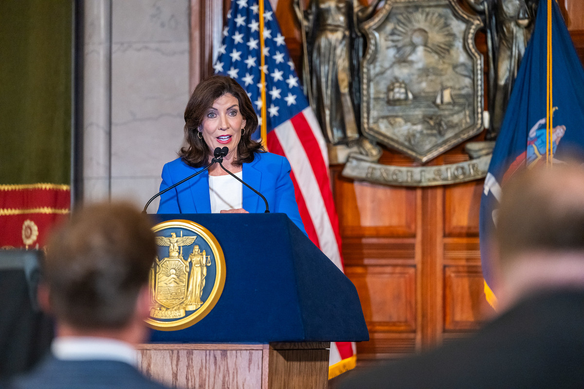 Governor Hochul at the podium during the presser.